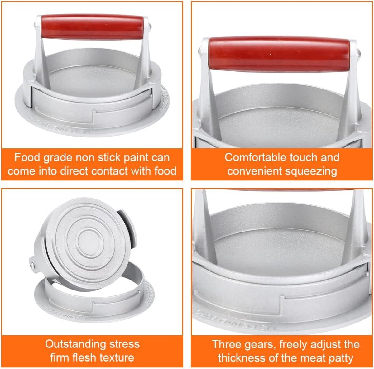 Hamburgerpers, instelbare dikke hamburgerpers, hamburgerpers, 12,5 cm, hamburger-vleespers met klep met antiaanbaklaag voor gelijkmatige patties, tay hamburger, hamburger, Patty Press (B)