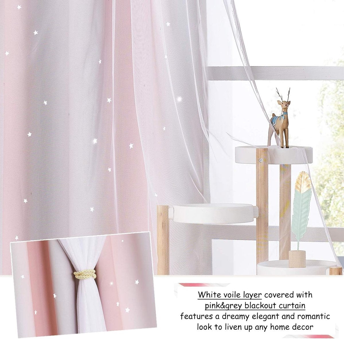 erduisteringsgordijnen voor kinderkamer, 2-delige set, 240 x 132 cm, gordijnen voor kinderkamer voor meisjes, dubbellaags gordijn met holle sterren en voile gordijn met inslagringen, roze