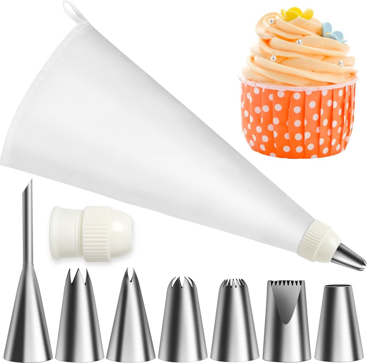 40 cm herbruikbare spuitzak met 7 spuitmonden en een verdikte adapter, 18/8 roestvrij verschillende spuitmonden voor decoraties op taarten, cakes