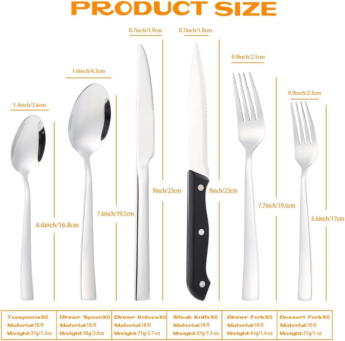 Bestekset voor 6 personen, 36-delig roestvrij staal, bestek incl. messen, vork, lepel, steakmessen, spiegelgepolijst, vaatwasmachinebestendig