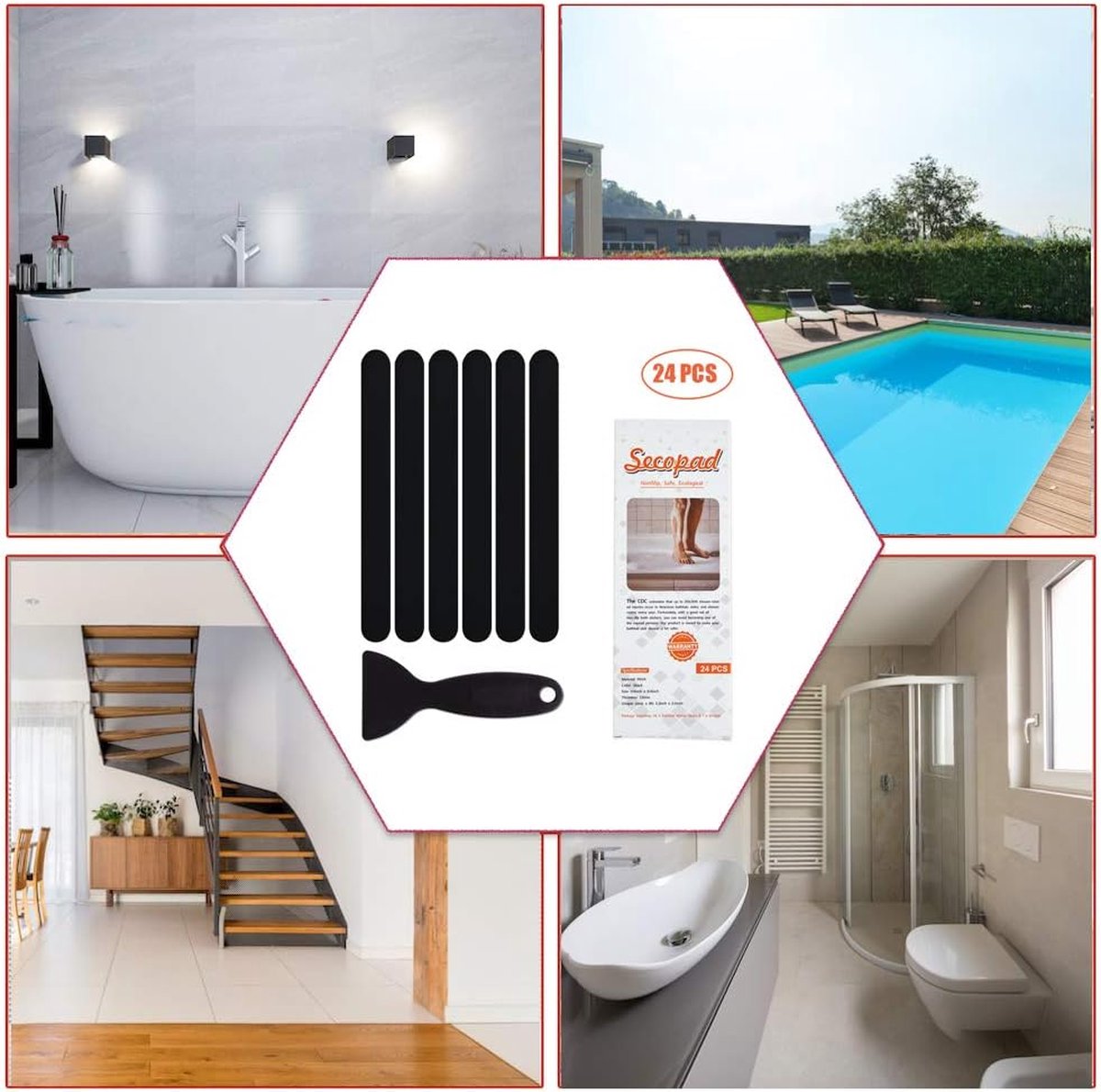 antislipstickers, 24 stuks, veiligheidsstrips voor badkuip, zelfklevende stickers met premium schraper voor badkuip, douche, trap (zwart)