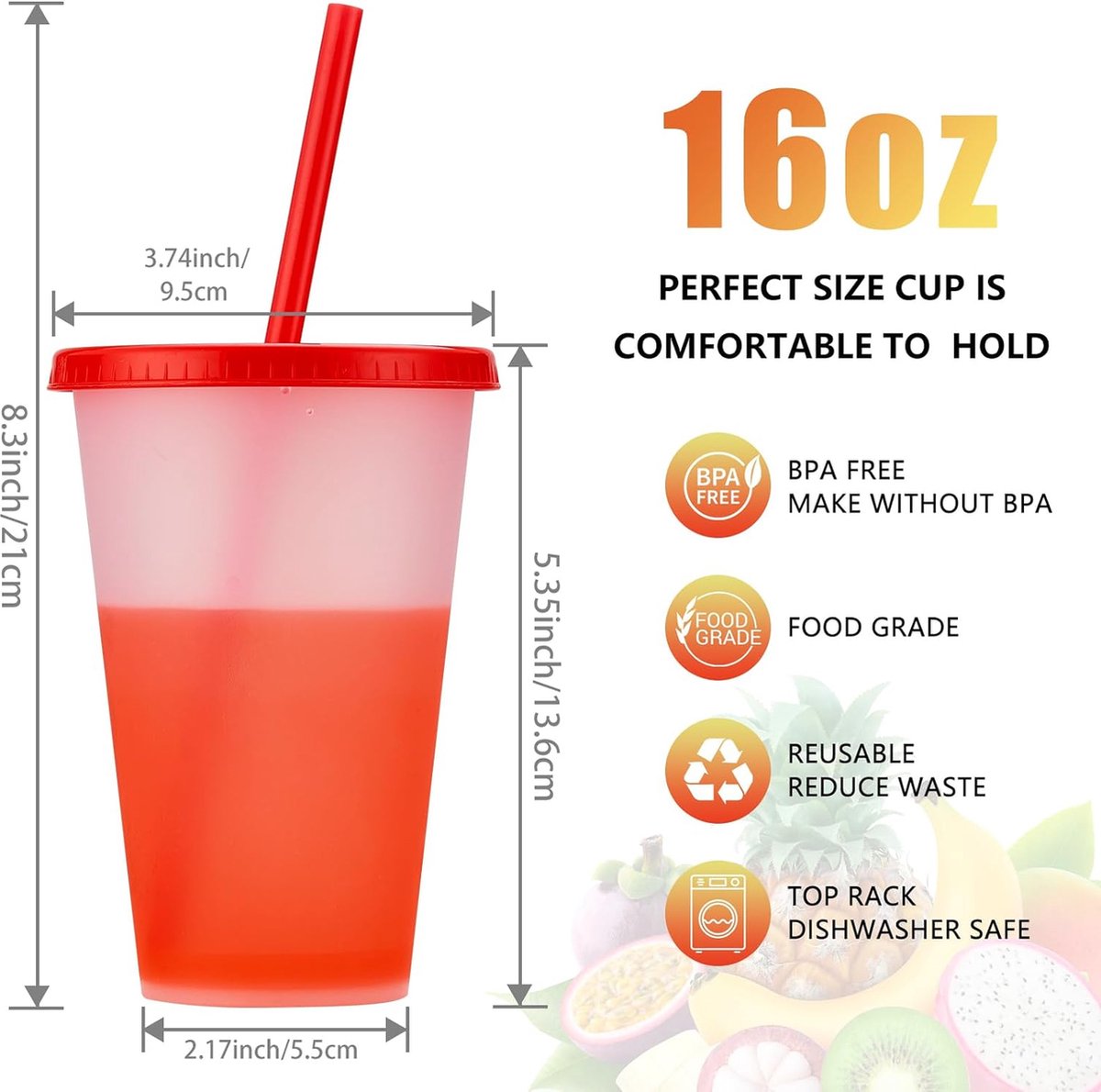 Drinkbekers met rietje en deksel, 9 stuks kleurveranderende bekers, 400 ml, plastic beker, smoothie, koffiebeker, voor onderweg. Reisbeker, beker voor kinderen en volwassenen, herbruikbare kunststof