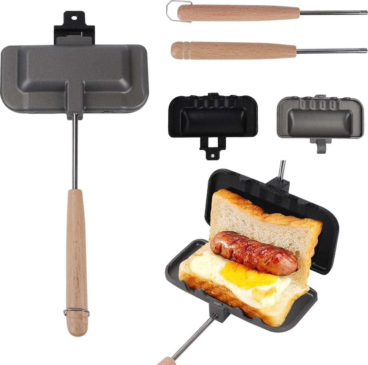 Dubbelzijdige koekenpan, grillpan met antiaanbaklaag, antiaanbakpan dubbelzijdig met handvat, toastpan voor gas- of houtskoolgrills (type 1)