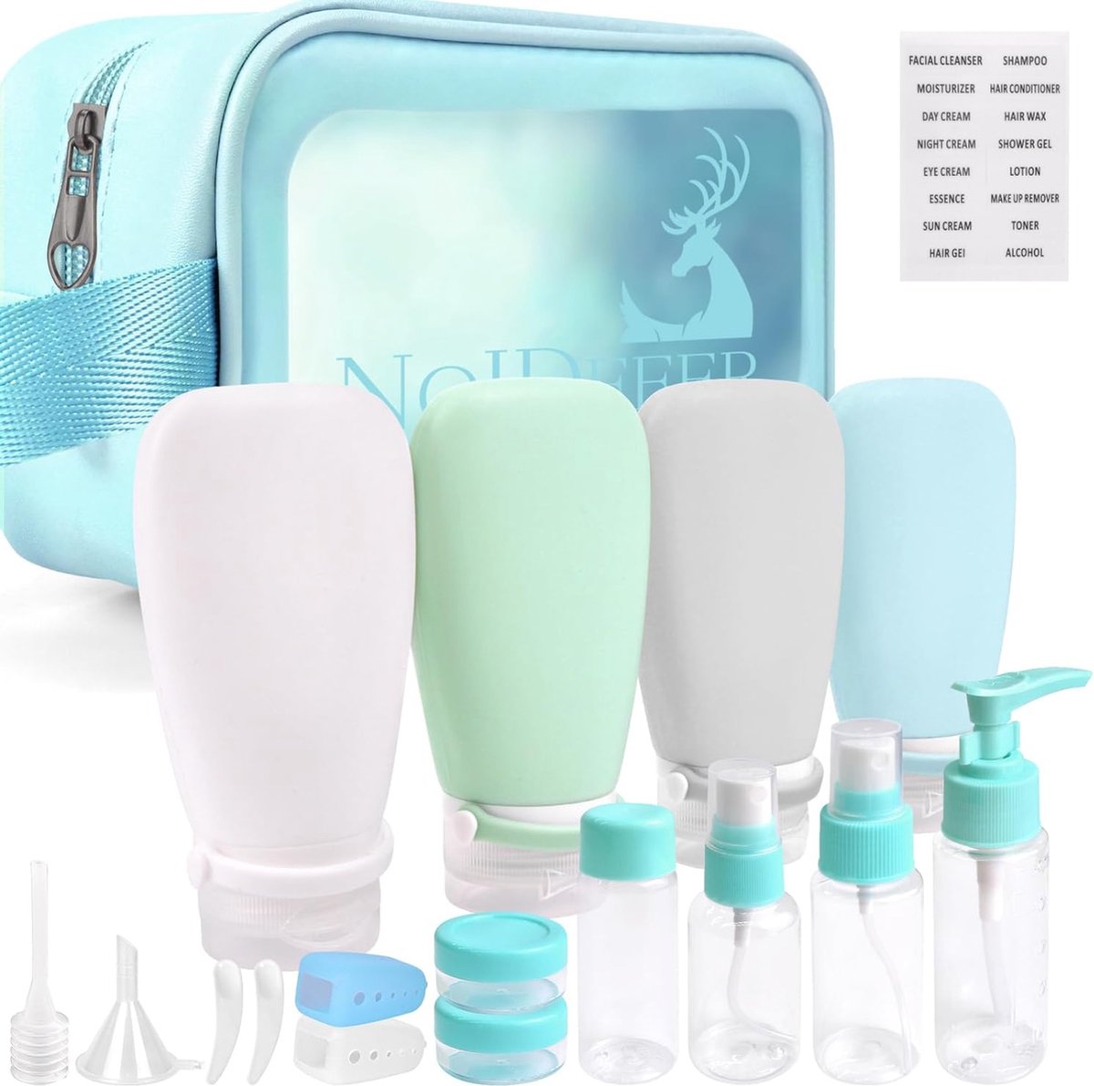 18-delige siliconen reisflessenset, vliegtuiggoedgekeurd voor het vullen van reisflessen, geschikt voor shampoo, lotion, haarconditioner, douchegel, met labels en transparante toilettas