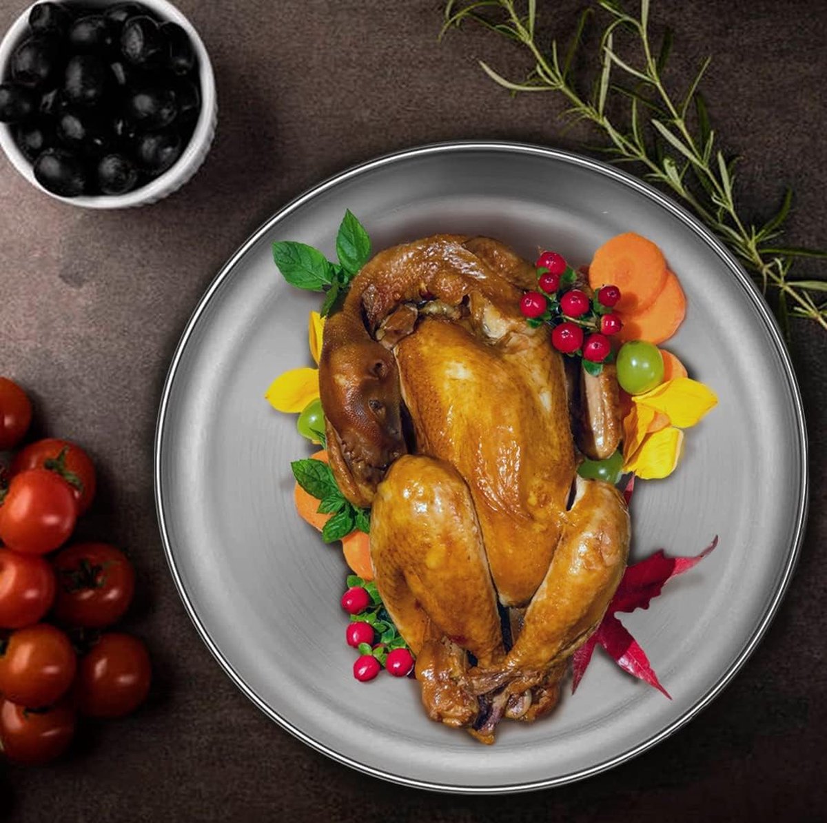 2 stuks rond servies van roestvrij staal, dienblad, ovaal bord, vleesgerecht, rijstbord, ovale borden, retro mat, rond serveerbord, zilveren schotel