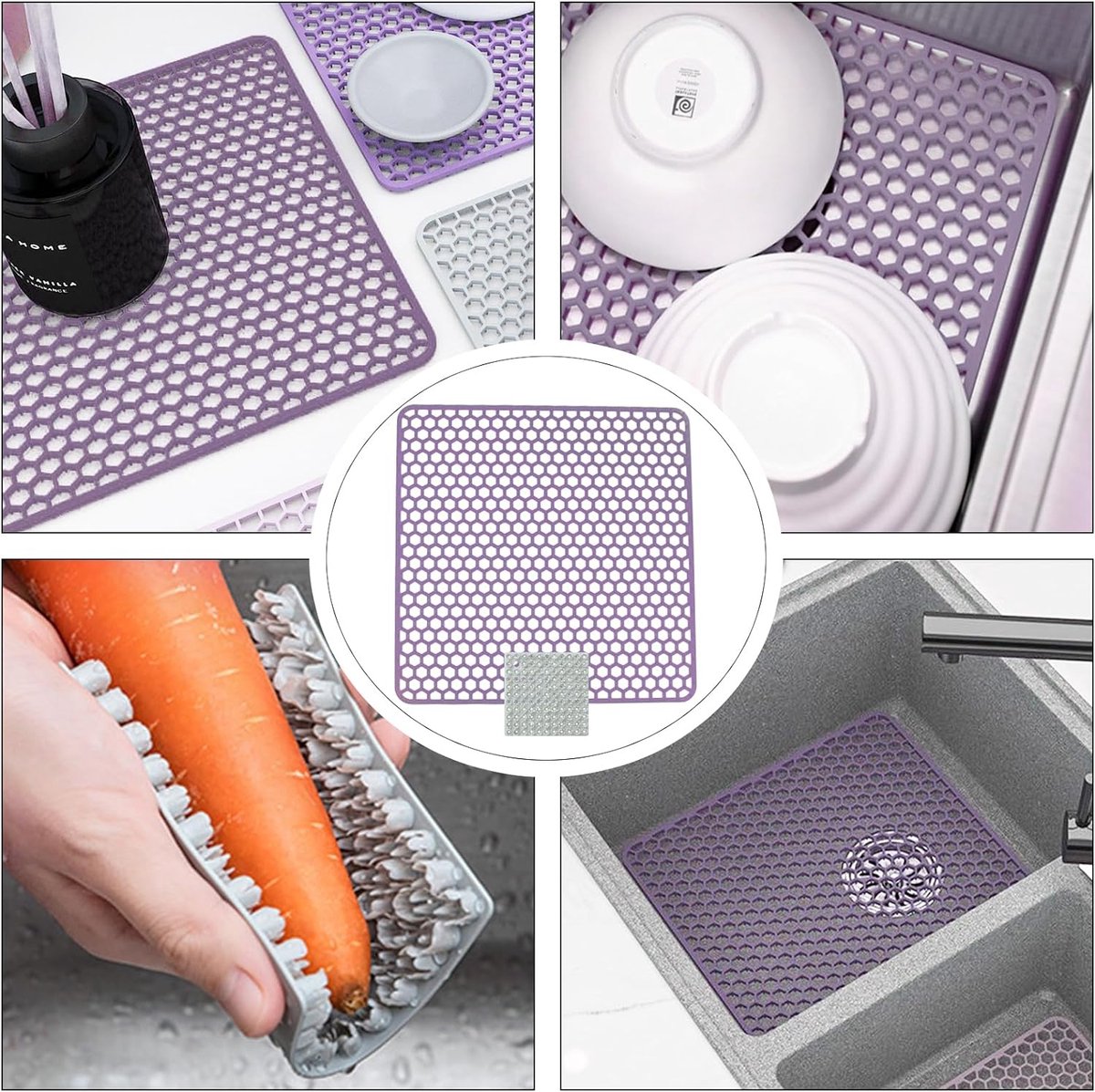 34,5 x 34,5 cm, siliconen gootsteeninzet, inklapbaar, antislip spoelbakmat, spoelbakmat met reinigingsborstel (34,5 x 34,5 cm, paars))
