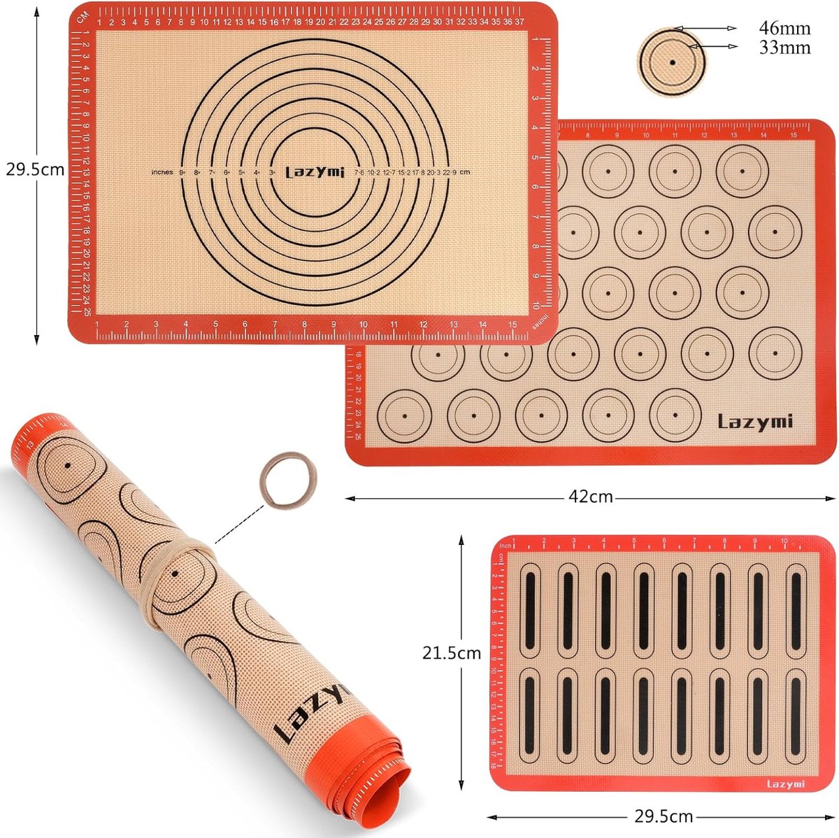 Bakmat siliconen met meting, 3-delige set, anti-aanbaklaag, siliconenmat bakken voor macaron, cake, brood, pizzamat, deegmat, uitrolmat (rood)
