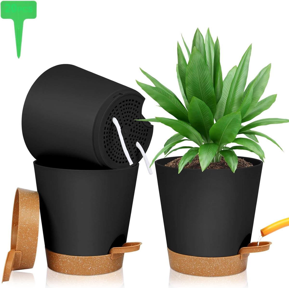 Bloempot van kunststof, 3 stuks, bloempot met schotel, plantenpot, zelfwatergevend, 16,5 x 17 cm, met 20 plantenlabels, bloempot met bewateringssysteem voor kamer- en balkonplanten