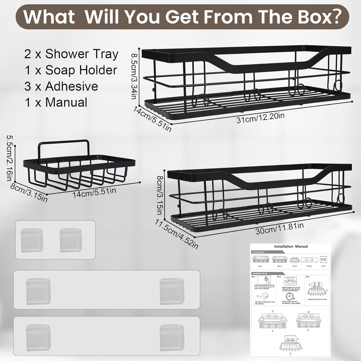 3 stuks doucheplank zonder boren, badkamerorganizer, lijm, zonder boren, shampoohouder voor douche met zeephouder, roestvrijstalen organizer voor badkamer, woonkamer, keuken