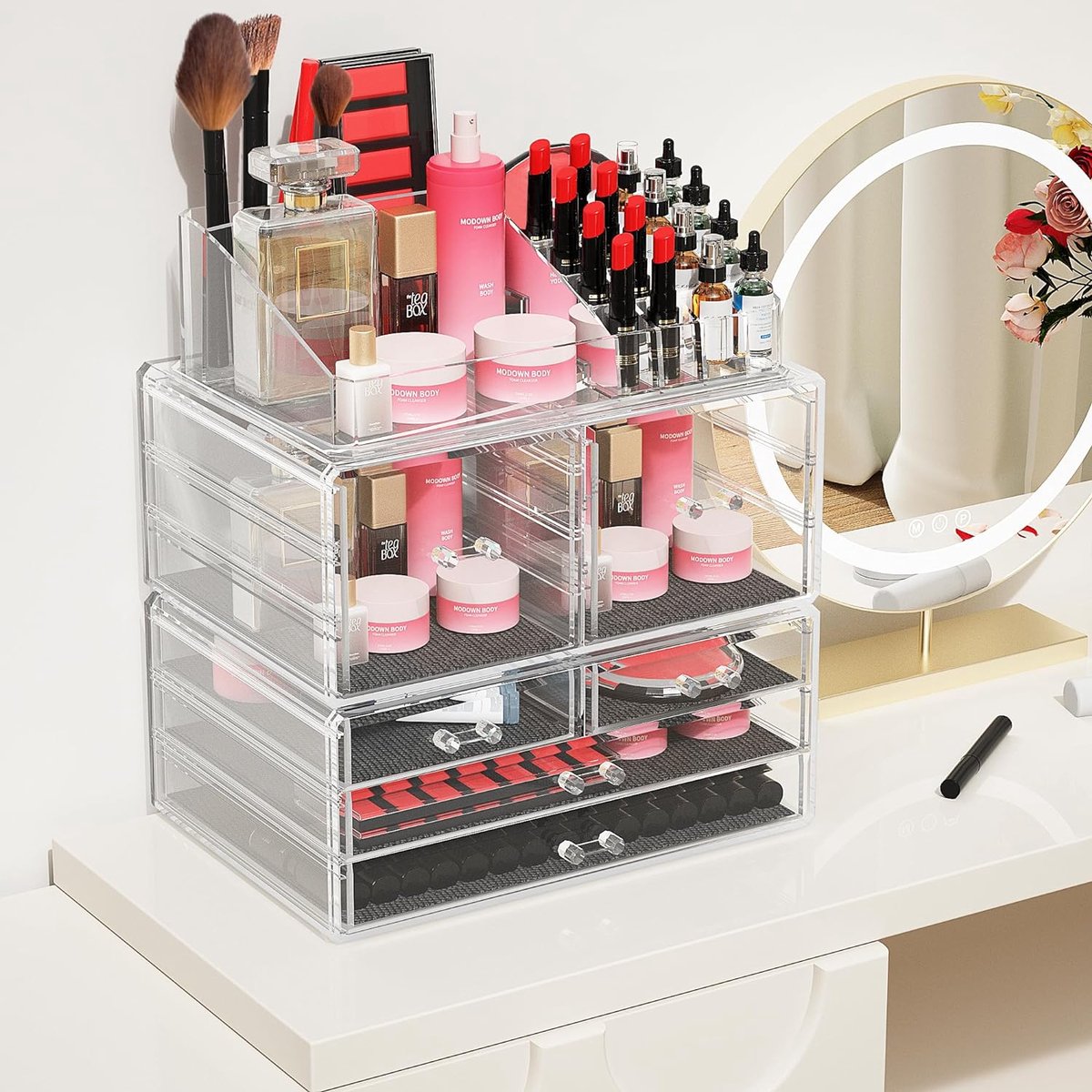 Acryl make-up organizer met 6 laden Cosmetische opbergdoos Stapelbare heldere borstellotion Lippenstift nagellak