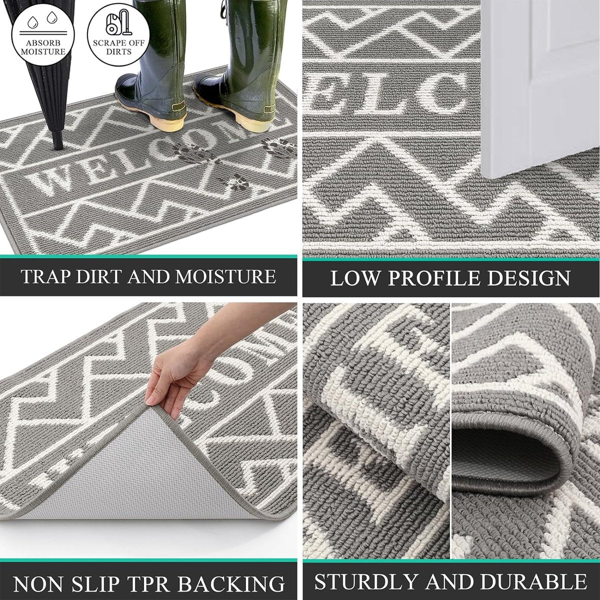 Deurmat voor binnen, 50 x 80 cm, grijs, antislip wasbare vuilvangmat, waterabsorberende deurmat, vuilvangertapijt voor entree, voordeur, terras, hal
