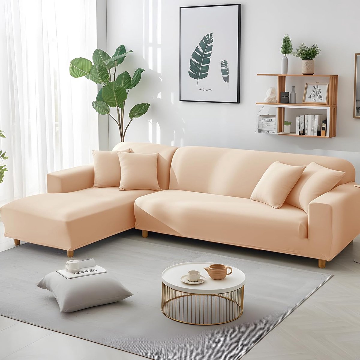 Bankhoes Hoekbank L-vorm Stretch Bankhoes Universele bankhoes voor 1/2/3/4-zits – 2-zits, Beige (L-vormige hoekbank vereist twee)
