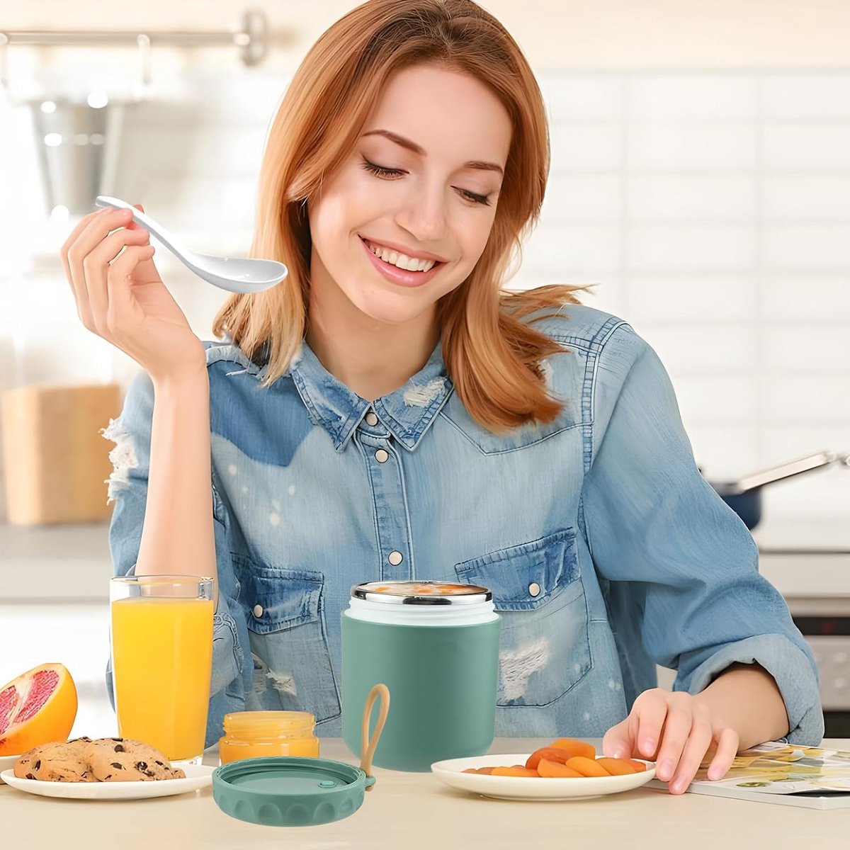 Mueslibeker to go, praktische yoghurtbeker & mueslibeker met lepel, lunchpot, levensmiddelenhouder, geschikt voor vriezer, magnetron en vaatwasser, Nordic Green + Nordic Beige