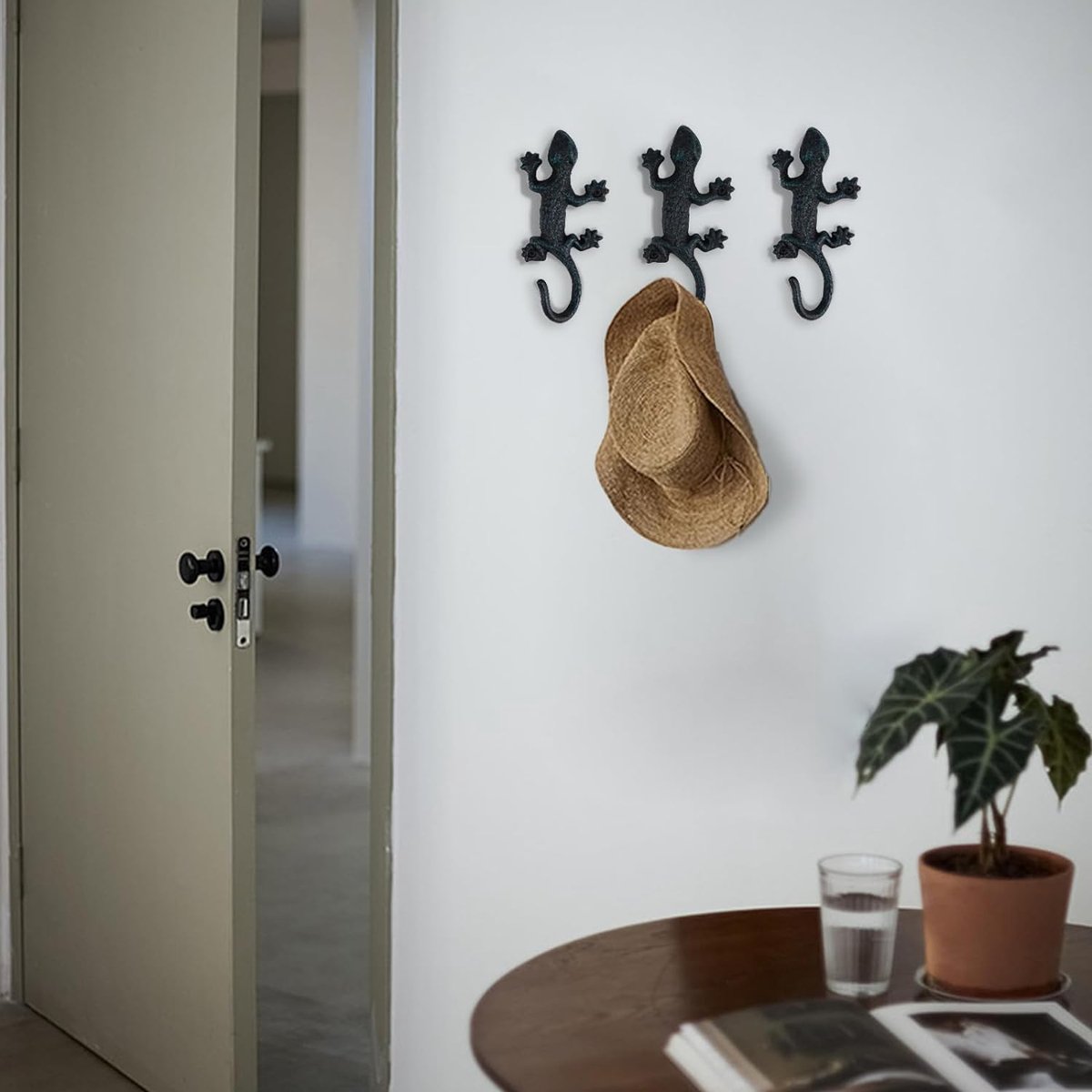 3 stuks Gecko garderobehaken, rustieke garderobehaken, gietijzeren wandhaken, vintage met schroeven, kledinghaken, muur om op te hangen, kleding, sleutels, hoeden, tassen, zwart-groen