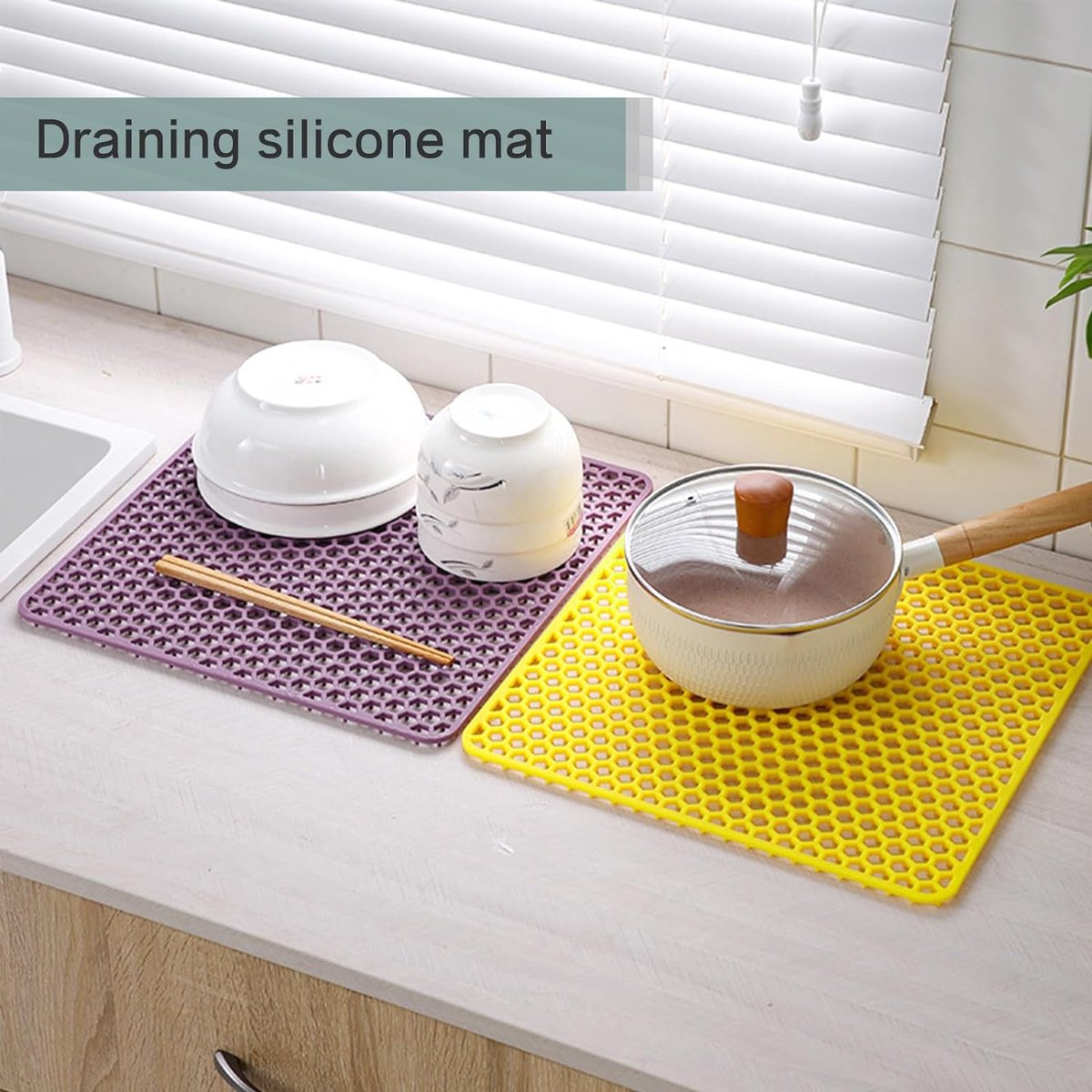 34,5 x 34,5 cm, siliconen gootsteeninzet, inklapbaar, antislip spoelbakmat, spoelbakmat met reinigingsborstel (34,5 x 34,5 cm, paars))