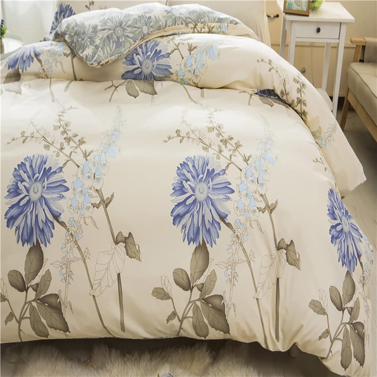 Beddengoed 135 x 200 cm, 4-delig bloemen, wit, beige, modern bloemenbeddengoedset, meisjes, dekbedovertrek, zachte microvezel, omkeerbaar beddengoed, 2 kussenslopen met ritssluiting