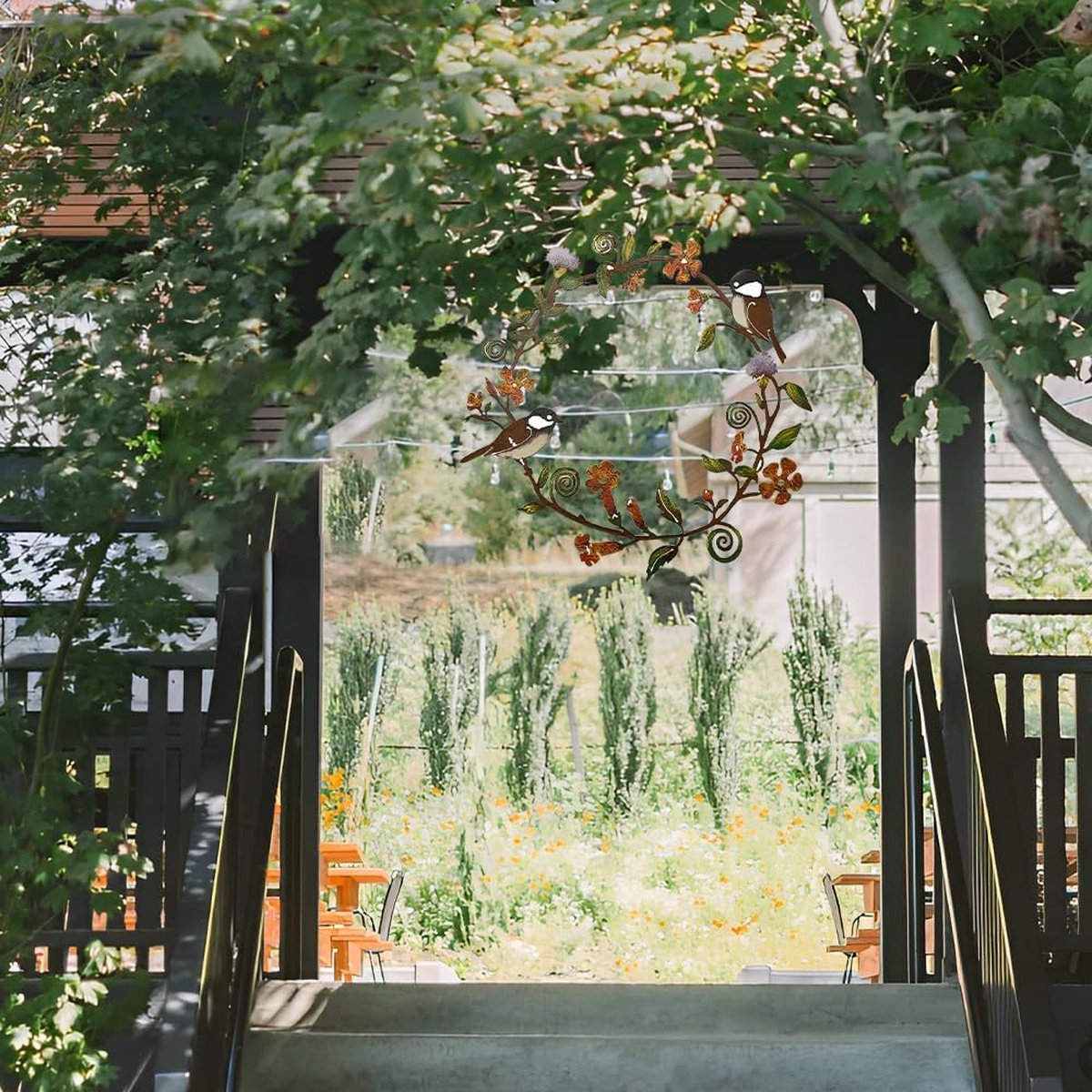 Decoratieve krans, deurkrans voor de zomer, met bladeren, bloemen en vogels, decoratie, metalen krans, deurkrans, deurkrans, deurkrans, 30 x 29 cm, roestkleurige krans voor huisdeur