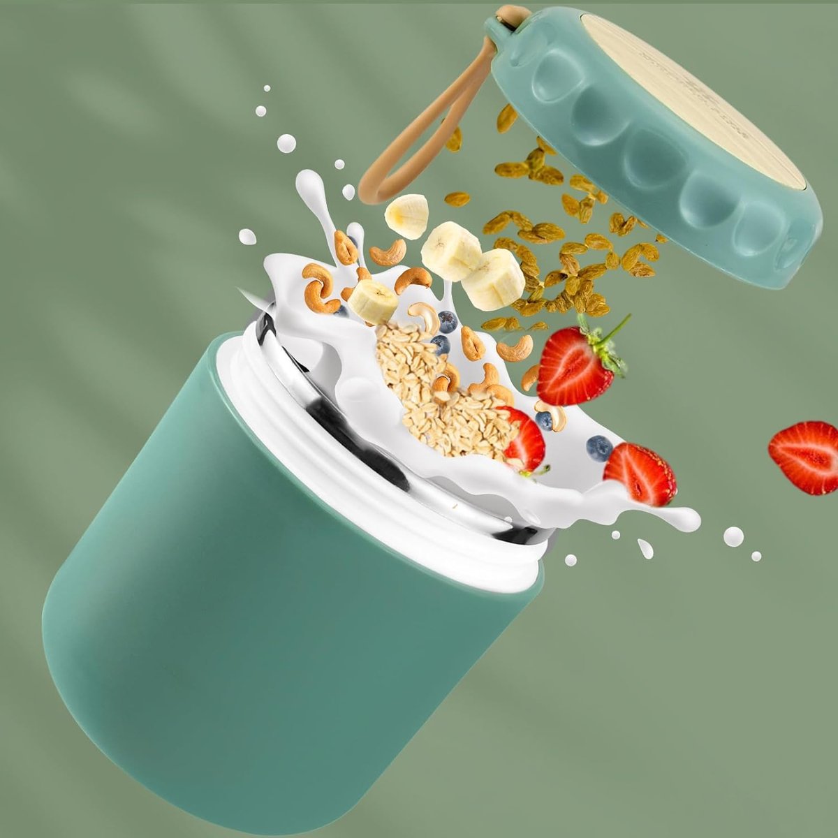 Mueslibeker to go, praktische yoghurtbeker & mueslibeker met lepel, lunchpot, levensmiddelenhouder, geschikt voor vriezer, magnetron en vaatwasser, Nordic Green + Nordic Beige