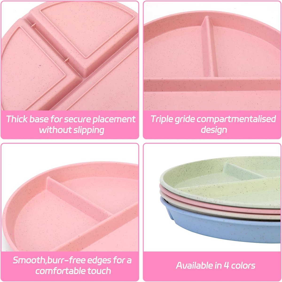 4 stuks gedeelde borden met onderverdeling, 20 cm borden met onderverdeling, onbreekbare portie controleborden, gedeelde eetborden, onderverdeeld voor volwassenen en kinderen