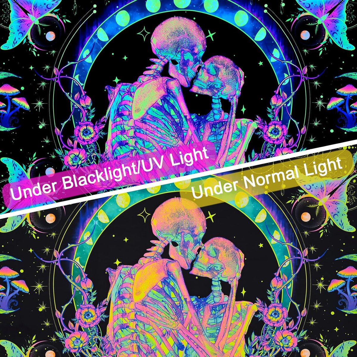 Black Light Paar Skelet Wandtapijt Kleurrijke Vlinder Mot UV Reactief Wandbehang Hippie Maan Bloemen Gloeien in het Donkere Melkwegstelsel Wanddoek voor Slaapkamer Woonkamer 210 x 150 cm
