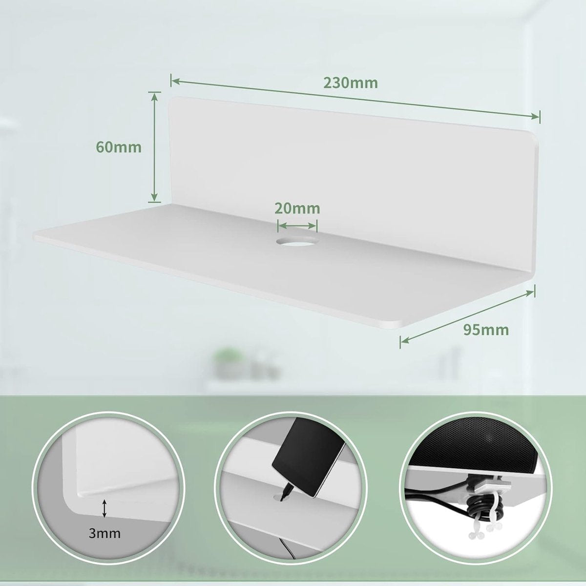 2 stuks wandrek, wit acryl, 23 x 9,5 cm, zwevende wandplanken, zwevend rek, zonder boren, met 4 kabelclips, displayplank muur, mini-rek voor kantoor, badkamer, keuken, slaapkamer