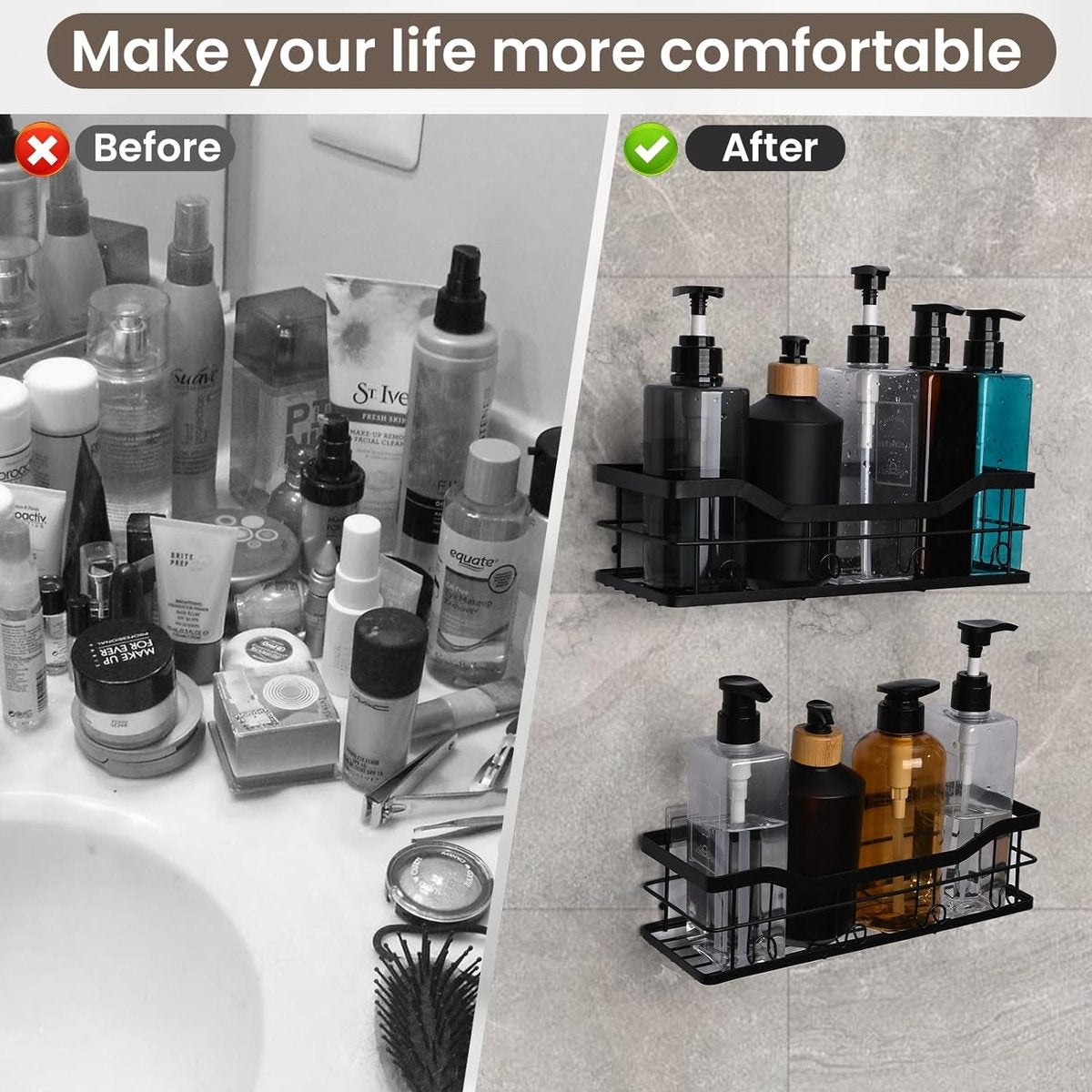 3 stuks doucheplank zonder boren, badkamerorganizer, lijm, zonder boren, shampoohouder voor douche met zeephouder, roestvrijstalen organizer voor badkamer, woonkamer, keuken