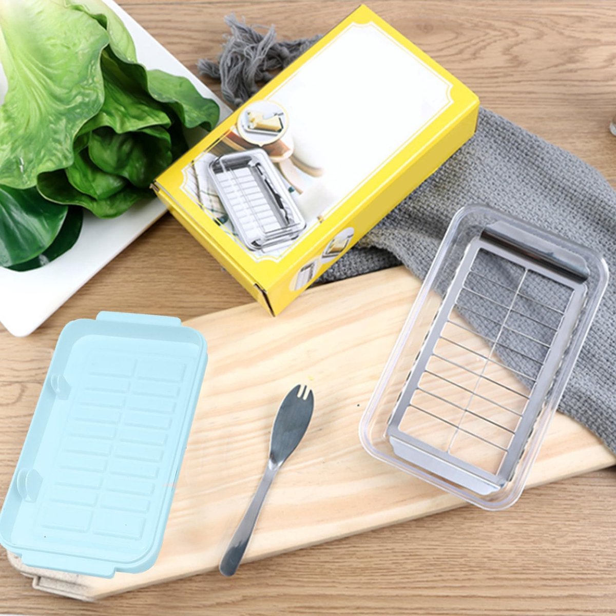 Boterdoos, roestvrijstalen botersnijder snijapparaat, 2 in 1 botersnijcontainer met transparant deksel boterkaasdoos voor het bewaren van kaas voor keukenkoeling (blauw)