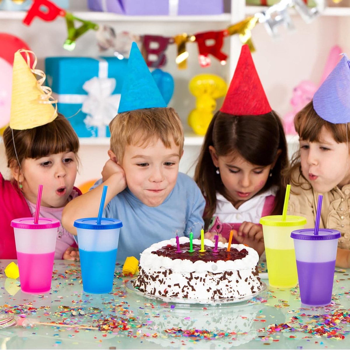 Drinkbekers met rietje en deksel, 9 stuks kleurveranderende bekers, 400 ml, plastic beker, smoothie, koffiebeker, voor onderweg. Reisbeker, beker voor kinderen en volwassenen, herbruikbare kunststof