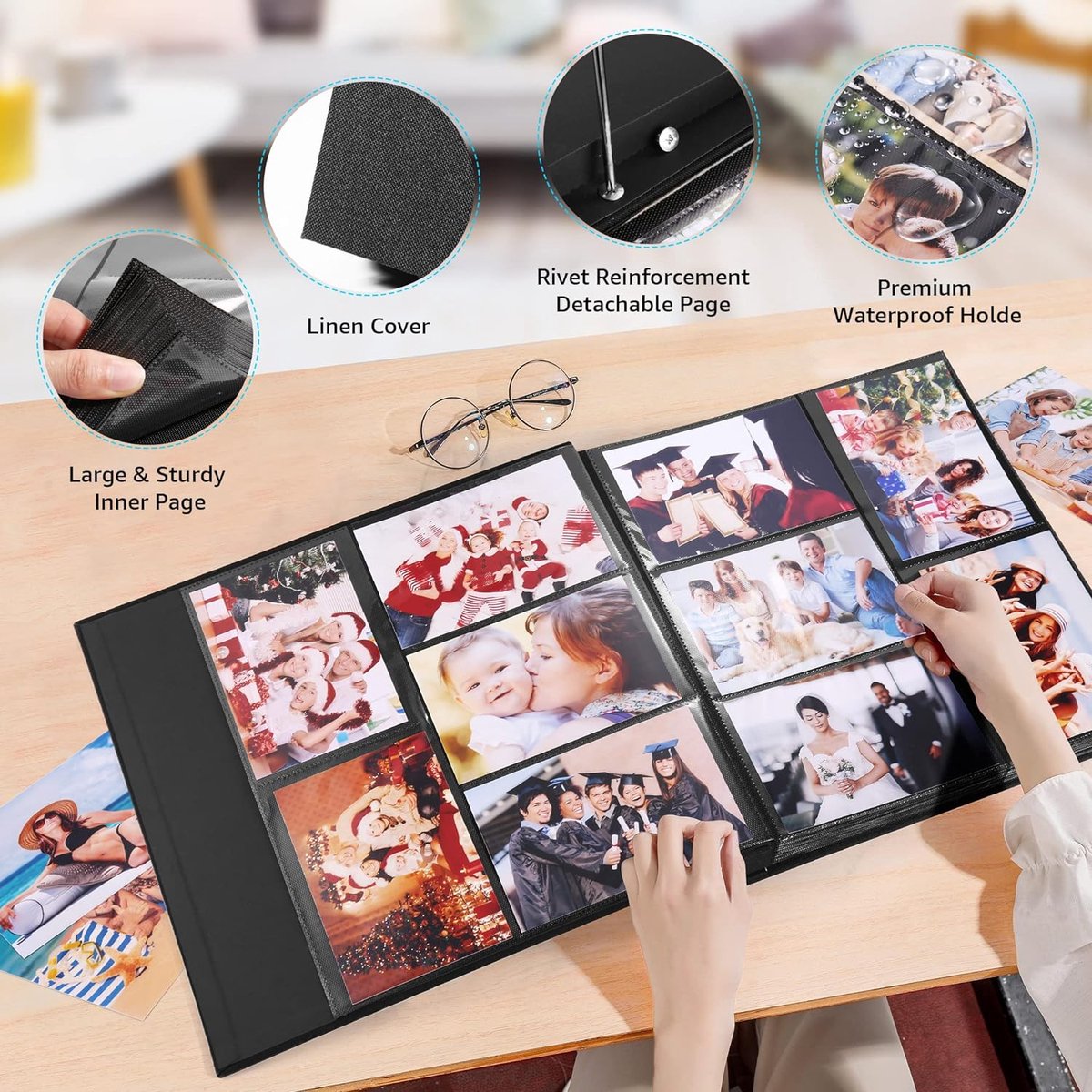 Fotoalbum, insteekalbum, 600 foto's (10 x 15 cm), linnen omslag, 60 vellen/120 pagina's, fotoboek om in te steken, fotoalbum, perfect voor familie, bruiloft, reizen, baby, zwart