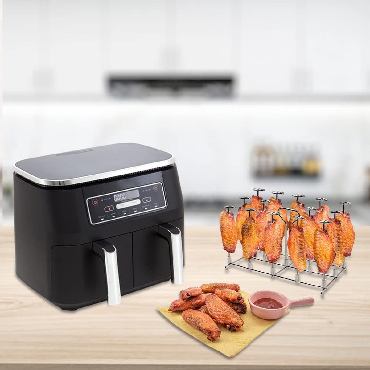 2 x RVS heteluchtfriteuse spiesen grillrooster voor Ninja Foodi AF300EU AF400EU, verticaal spiesrek set - frame, Dual Zone Air Fryer