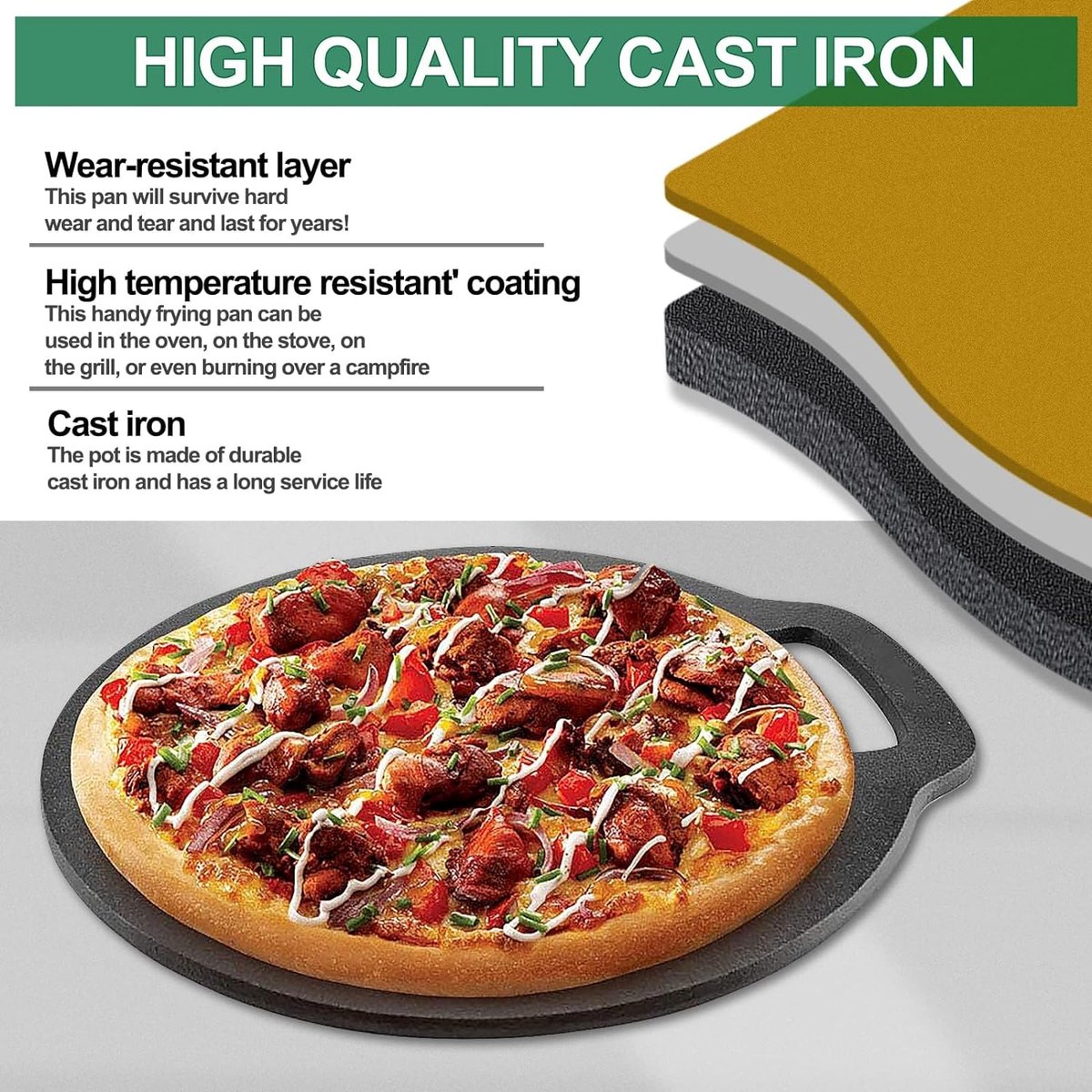 Gietijzeren pan, pizzapan met lusgreep, bakplaat, bakpan, gietijzeren pan voor kookplaat, oven, BBQ, diameter 26 cm, pizzabakoven met 7 delen accessoires