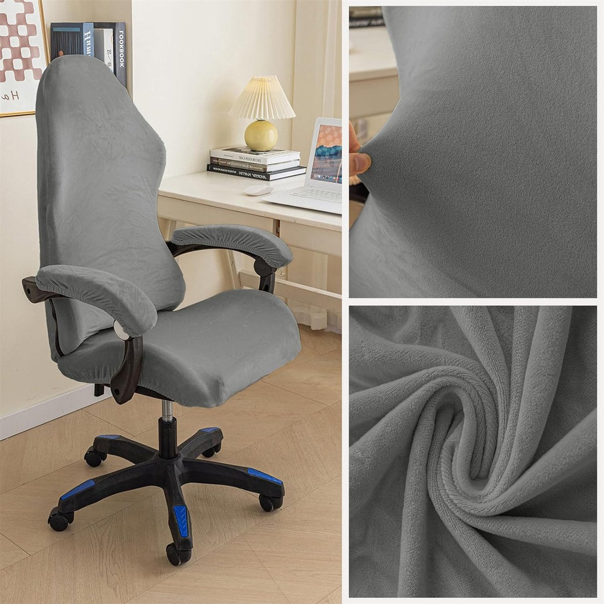 Fluwelen pluche gamingstoelhoezen, 4 stuks, bureaustoel, draaistoel, overtrek met armleuningen/stoelrug, rekbare stoelhoezen voor computer-gamestoel, bureaustoel, zonder stoel, grijs