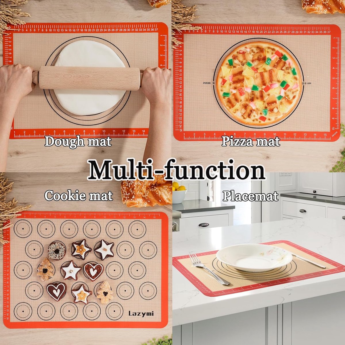 Bakmat siliconen met meting, 3-delige set, anti-aanbaklaag, siliconenmat bakken voor macaron, cake, brood, pizzamat, deegmat, uitrolmat (rood)