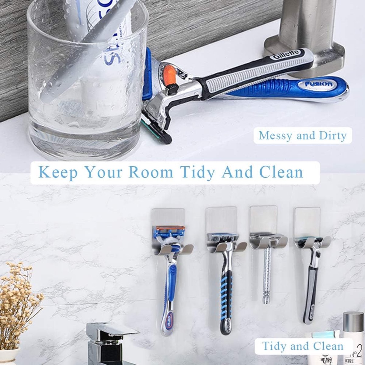 Scheerapparaat houder douche scheerapparaat houder haak zelfklevende haken wandhaken dubbele haak multifunctionele haak roestvrij staal waterdichte badkamer 4 stuks