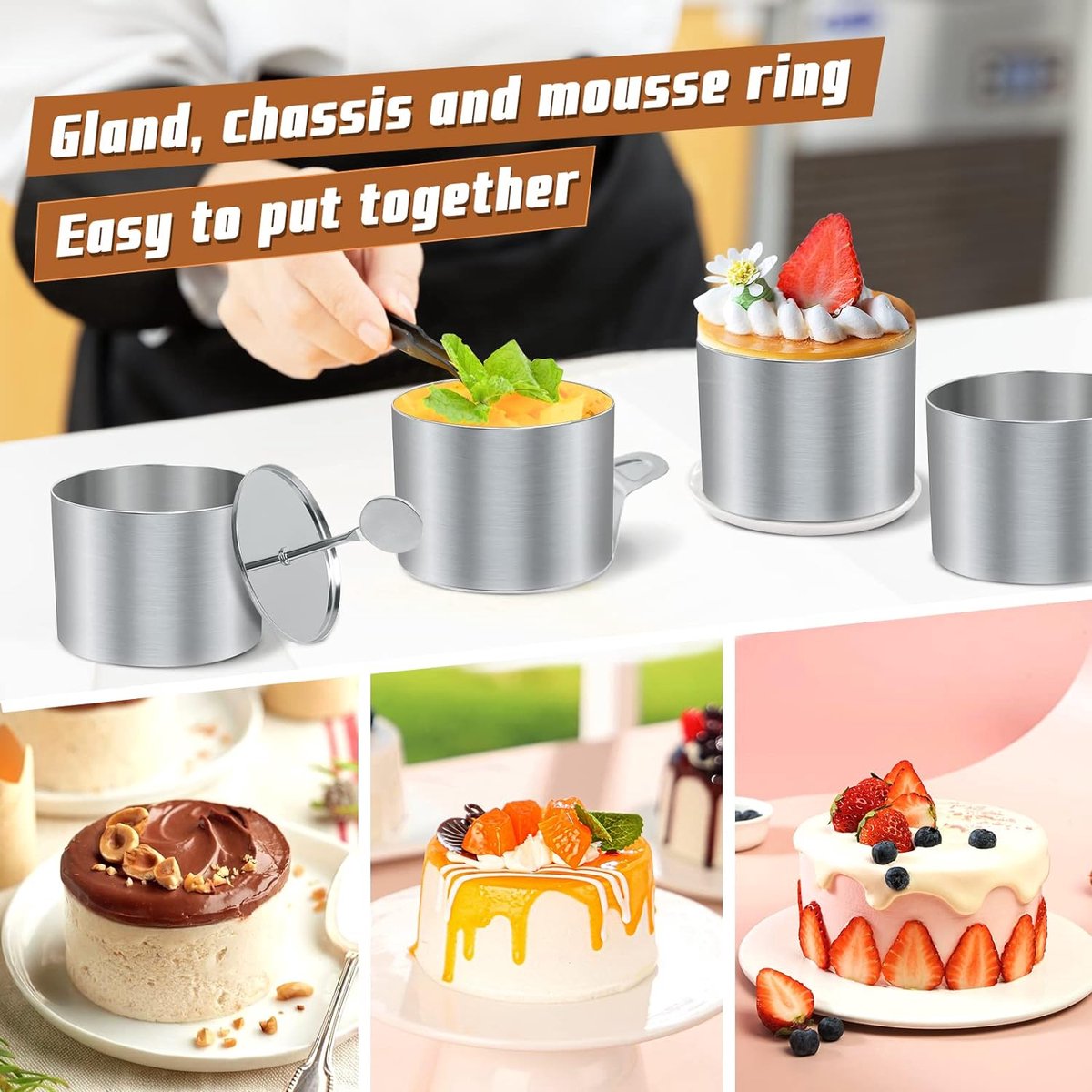 Dessertringen en dinerringen, kleine ringenset, 8-delig, mini-taartringvormen, roestvrijstalen mousse-ringen, 7,5 cm, ronde mousse-ring, 8 ringen, 1 lifter, 1 stempel voor het bakken van