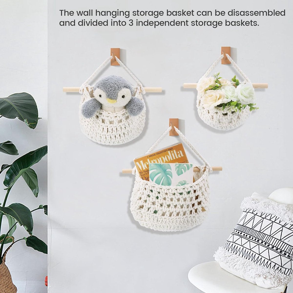 Hangorganizer, 3 vakken afneembare hangopslag, wandorganizer, opbergtas, deurorganizer voor slaapkamer, badkamer, keuken, woonkamer, kantoor, tuin