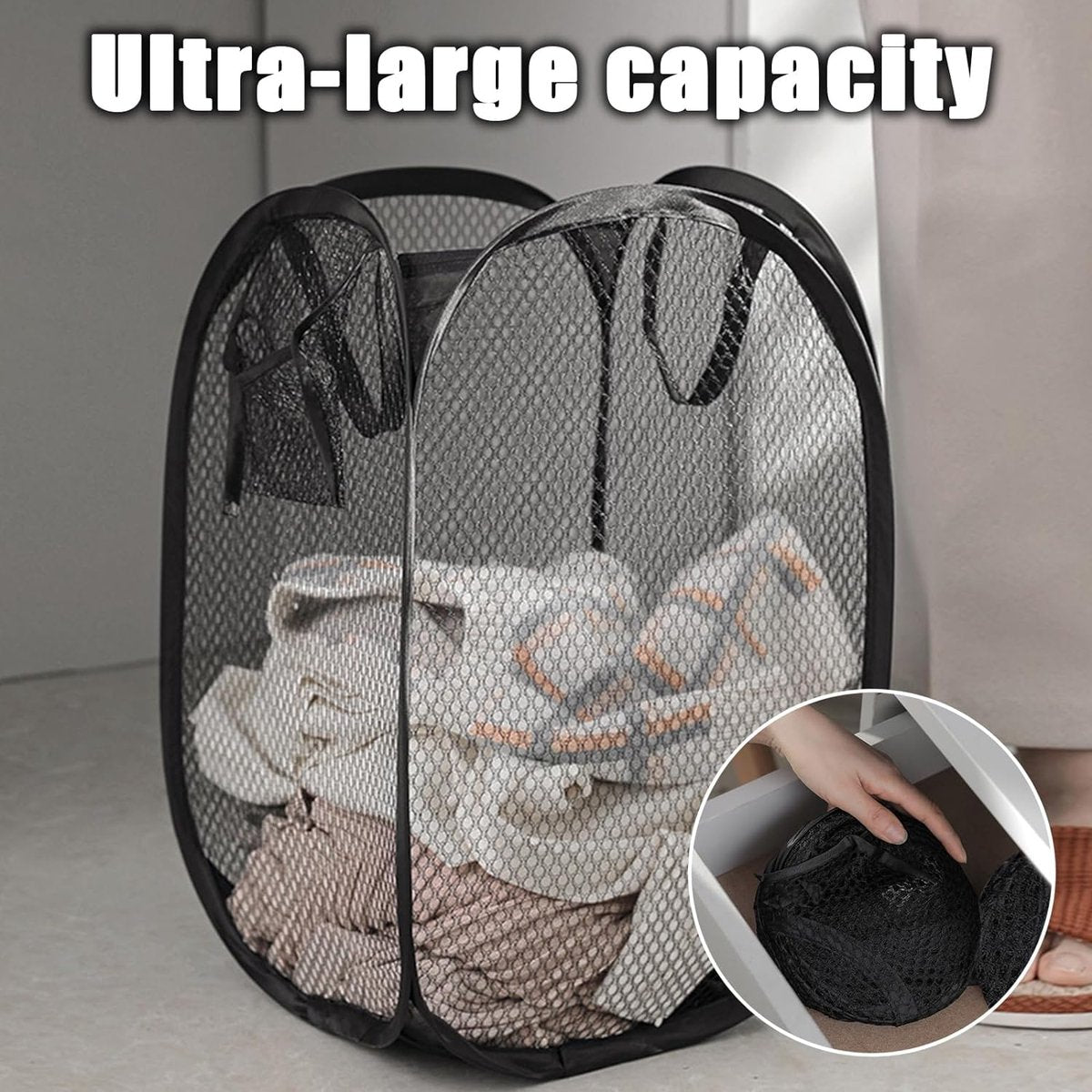 2 stuks opvouwbare wasmandset, pop-up 75 liter, wasmand, opvouwbaar, met zijzak, wasverzamelaar met handgrepen, wasmand voor bijkeuken, netjes opbergen van kleding (zwart)