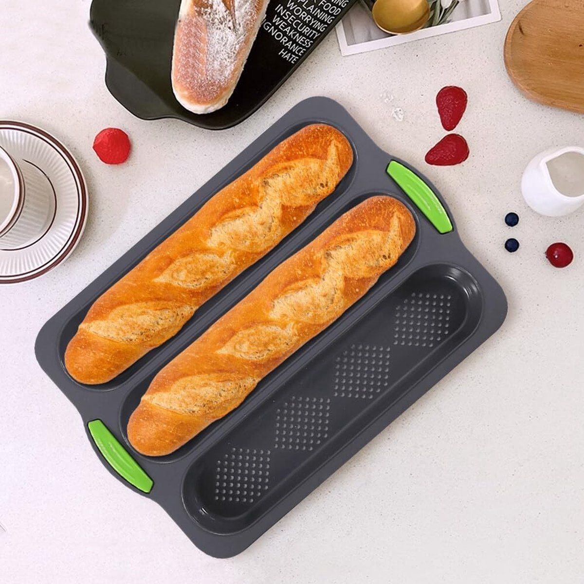 1 stuk siliconen bakvorm stokbrood bakvorm stokbrood bakvorm stokbrood bakvorm lange stokbroodvorm met drie sleuven voor bakken doe-het-zelf (grijs)