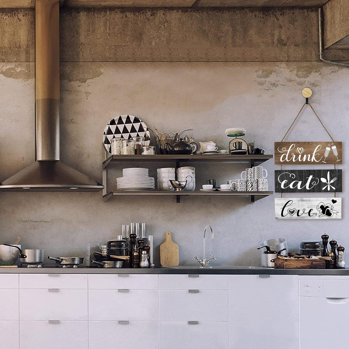 Houten keukenbord, rustiek keukenmuurkunstbord, eet liefdedrankbord met haken, primitieve keukenmuurdecoratie voor keuken, eetkamer, bar, café