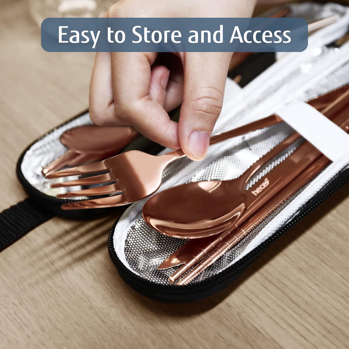 Bestekset, 10-delig, roestvrijstalen reisbestekset, zwart campingbestek met bestekzakje voor op reis, buitenreisbestek en bestek om mee te nemen met koffer (roségoud)