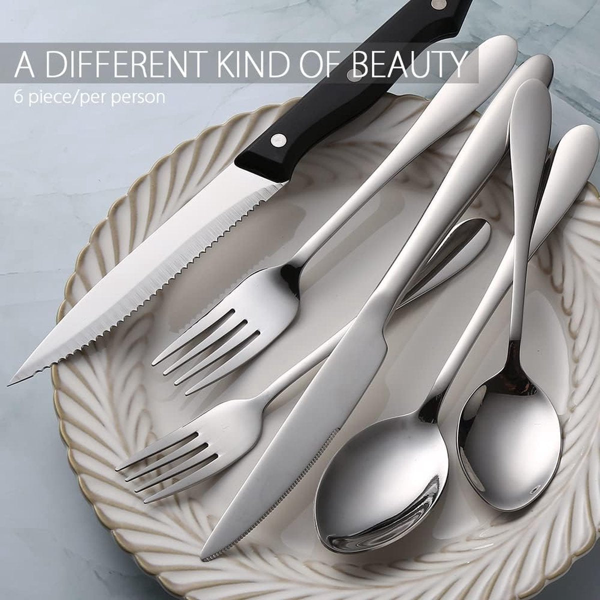 Bestekset voor 6 personen, 36-delige roestvrijstalen bestekset, bestek inclusief mes/vork/lepel/steakmessen, spiegelgepolijst, vaatwasmachinebestendig