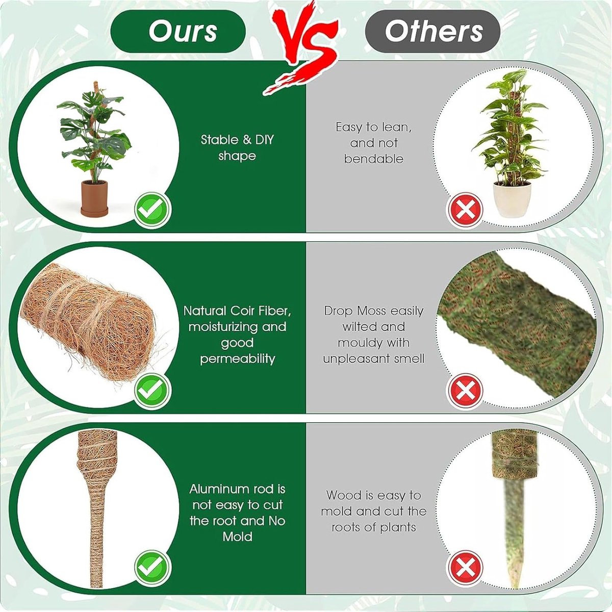 70 cm en 120 cm plantenstok kokos, buigbare kokosvezelmosstok, plantenstok voor klimplanten, natuurlijke plantensteun met accessoires, 2 stuks