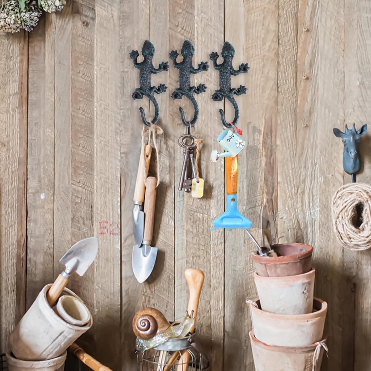 3 stuks Gecko garderobehaken, rustieke garderobehaken, gietijzeren wandhaken, vintage met schroeven, kledinghaken, muur om op te hangen, kleding, sleutels, hoeden, tassen, zwart-groen