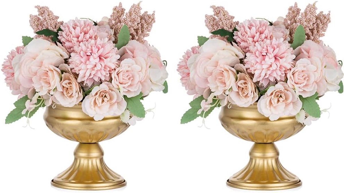 2 stuks mini-formaat metalen urn plantenbak elegante bruiloft centerpieces vaas voor bruiloftsdecoratie, 12,6 cm hoge trompetvaas bloemenhouder voor jubileumfeest tafeldecoratie Kerstmis