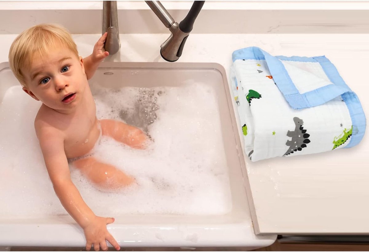 Deken 6-laags knuffeldeken baby katoen 110 x 110 cm mousseline babydeken wikkeldeken zachte deken voor badhanddoek, kinderdeken pasgeborenen unisex (neushoorns dinosaurus)