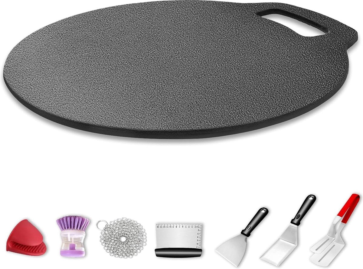 Gietijzeren pan, pizzapan met lusgreep, bakplaat, bakpan, gietijzeren pan voor kookplaat, oven, BBQ, diameter 26 cm, pizzabakoven met 7 delen accessoires