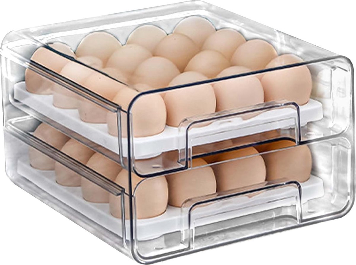 2-laags eiercontainer voor koelkast, 32 eieropbergdoos, eierrepen voor koelkasten, eieropslagladecontainer voor eierconservering, eiertransport, hotelrestaurant