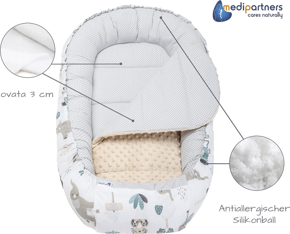 5-delige set babynestjes, 100 x 60 x 15 cm, uitneembaar inzetstuk, knuffelnest, kruipdeken voor baby's, pasgeborenen, 100% katoen (mint dierentuin met beige minky)