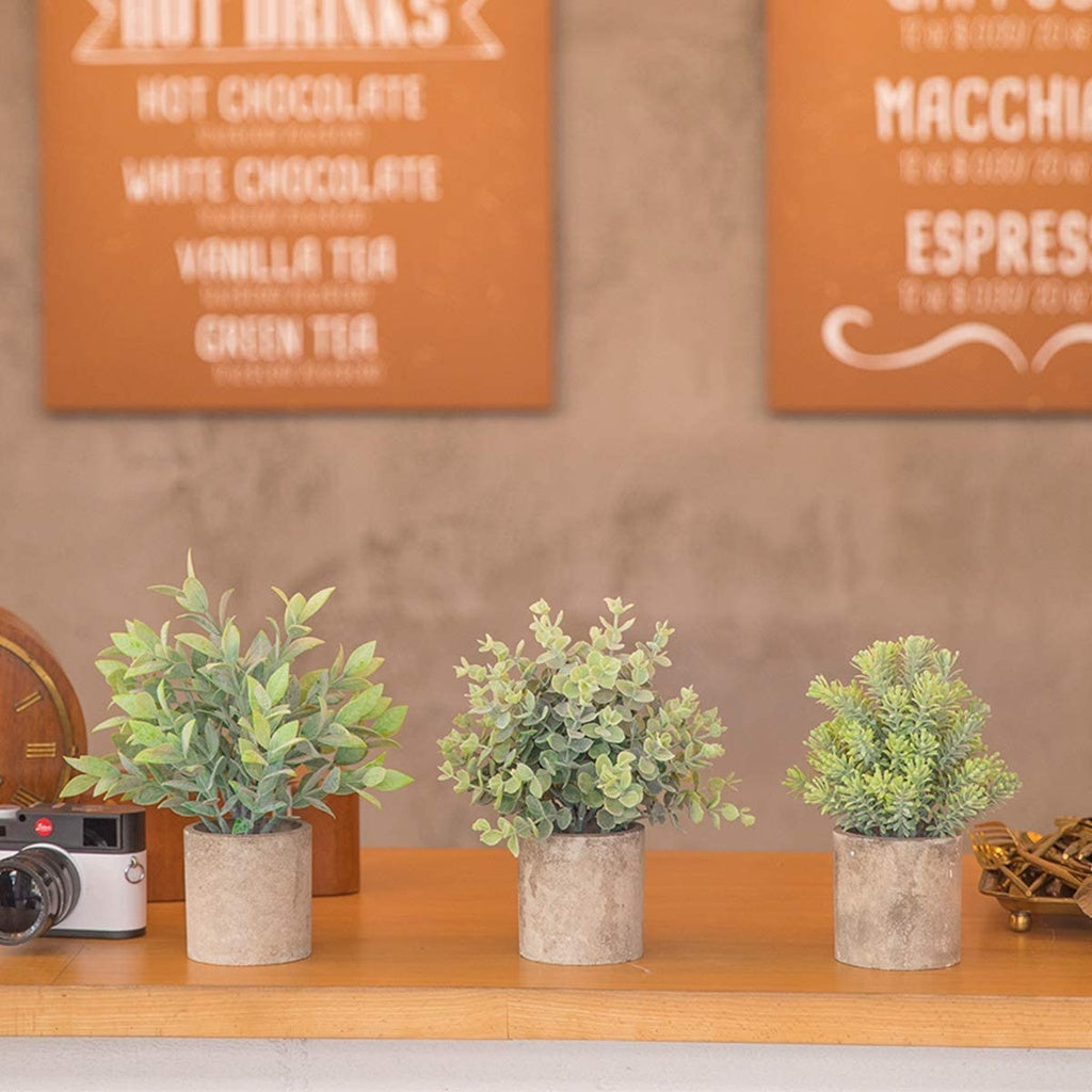 Small Potted Artificial Plants Plastic Fake Greenery Faux Plants in Pots for Rustic Hogar Office Desk Farmhouse Bathroom Kitchen Indoor Decoración