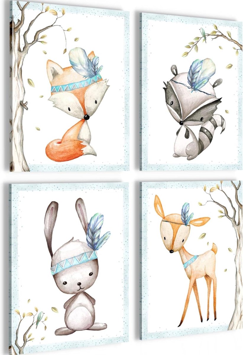 Afbeeldingen Indianen dieren - klaar om op te hangen - geen extra lijst nodig - wandafbeeldingen set kinderkamer meisjes jongen